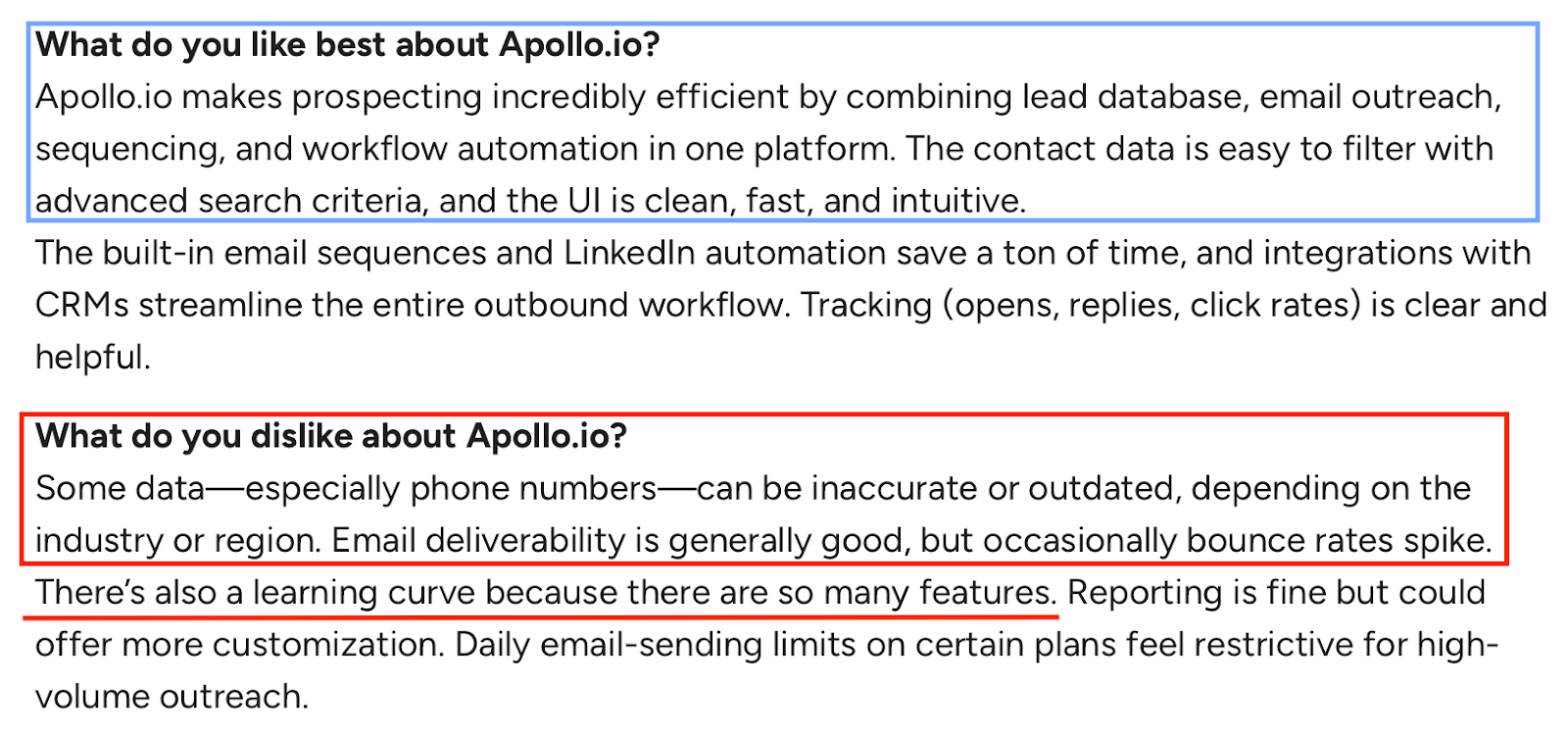 Apollo.io review highlighting powerful prospecting tools but noting data inaccuracies, email bounces, and usage limits.