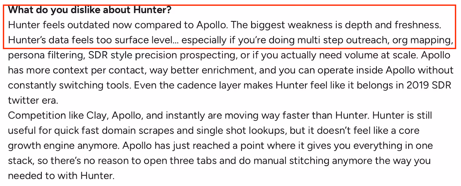 Hunter review calling the tool outdated with shallow, less-fresh data compared to competitors.