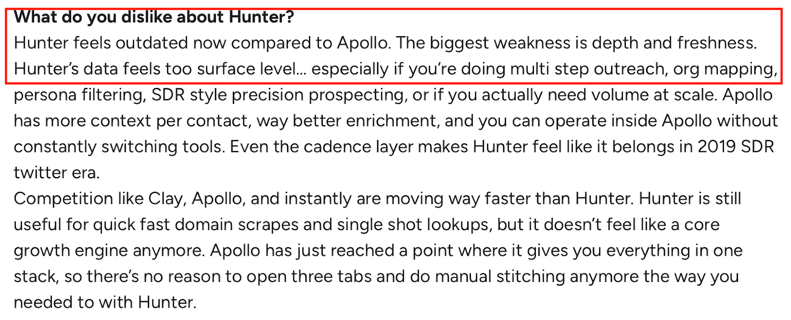 Hunter review calling the tool outdated with shallow, less-fresh data compared to competitors.