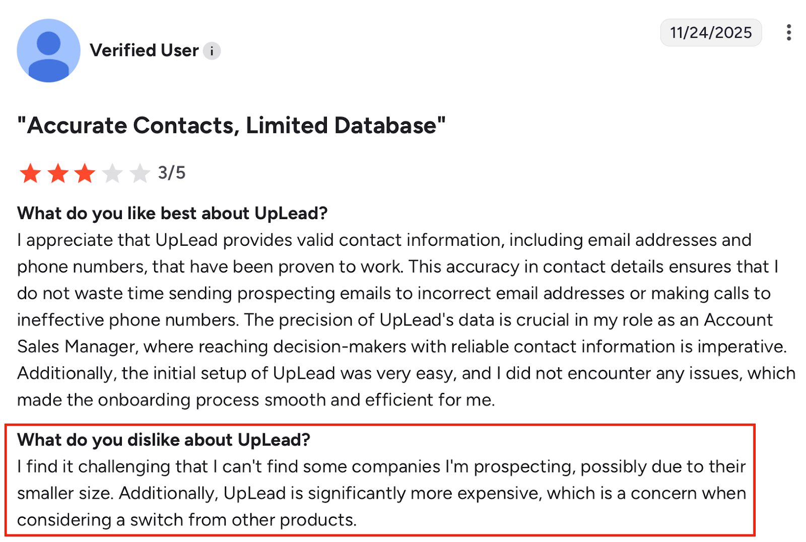 UpLead review praising accurate contacts but criticizing limited coverage and high cost.