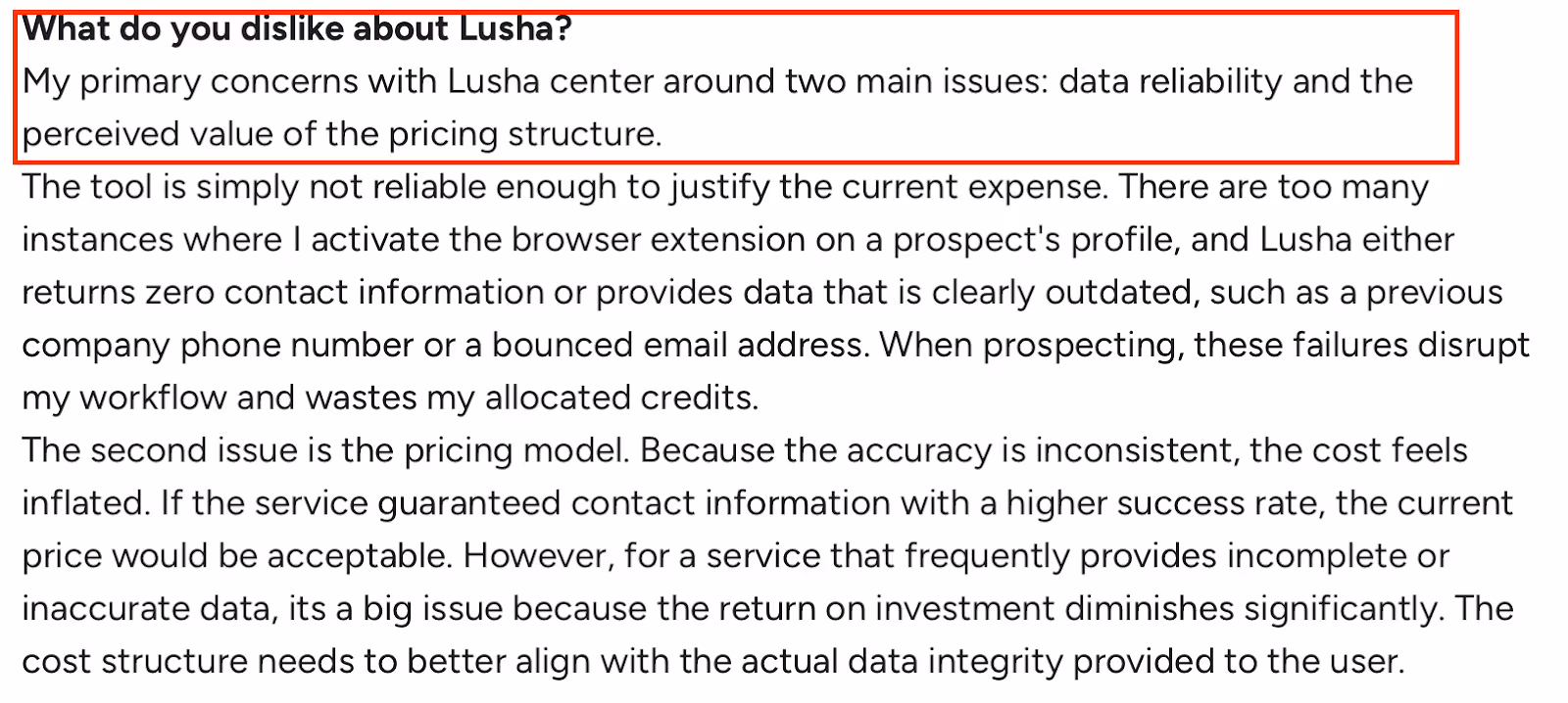 Lusha criticism citing unreliable contact data and overpriced plans.