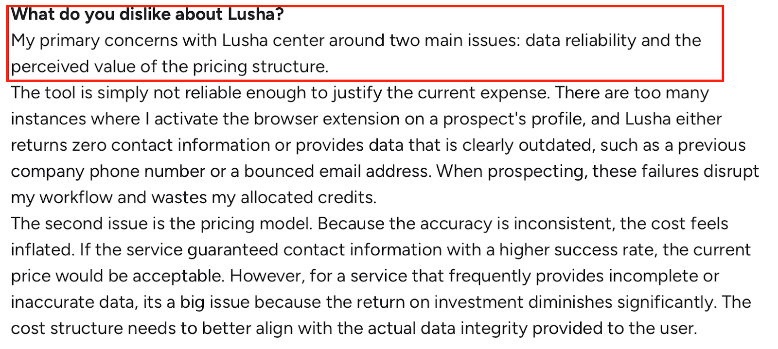Lusha criticism citing unreliable contact data and overpriced plans.