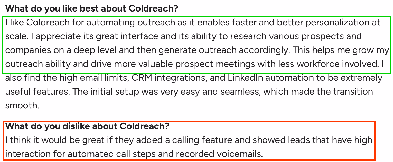 User review highlighting Coldreach pros (personalization, UI, integrations) and cons (no calling or voicemail features)