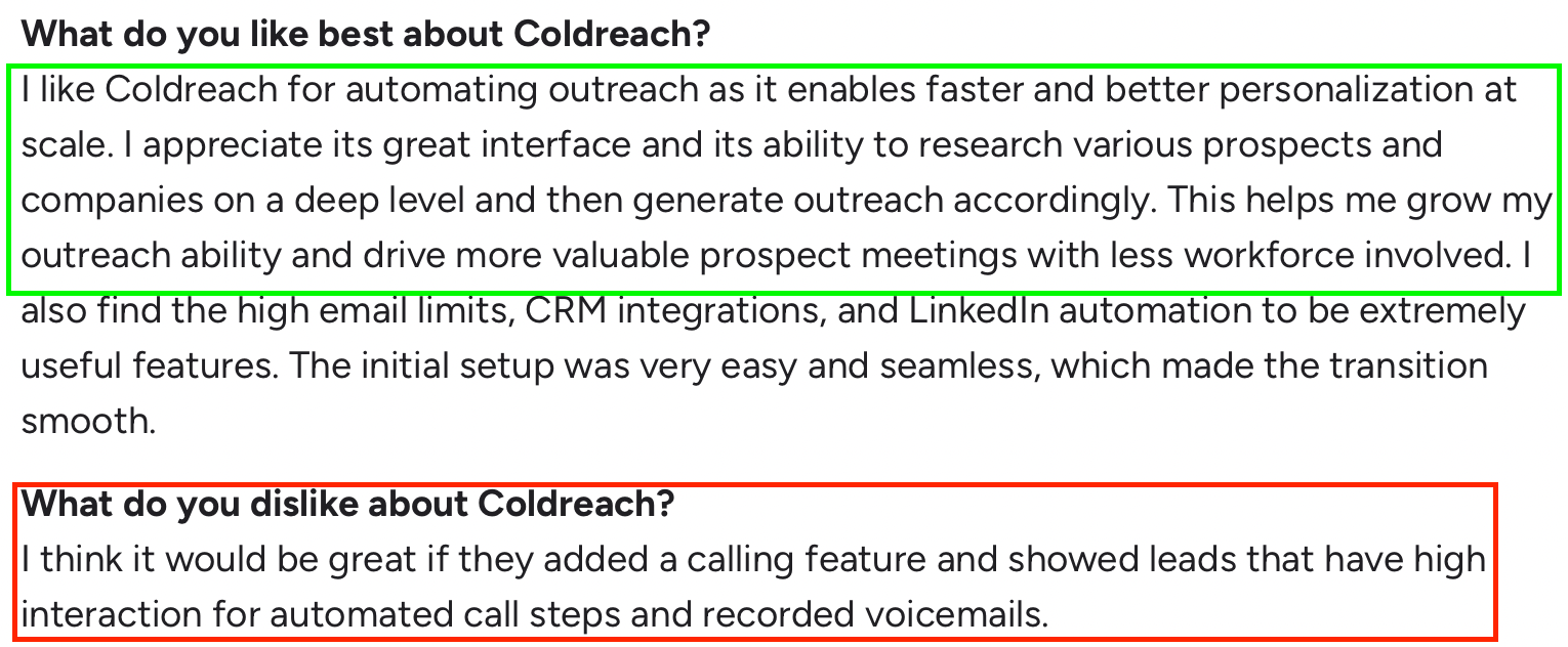 User review highlighting Coldreach pros (personalization, UI, integrations) and cons (no calling or voicemail features)