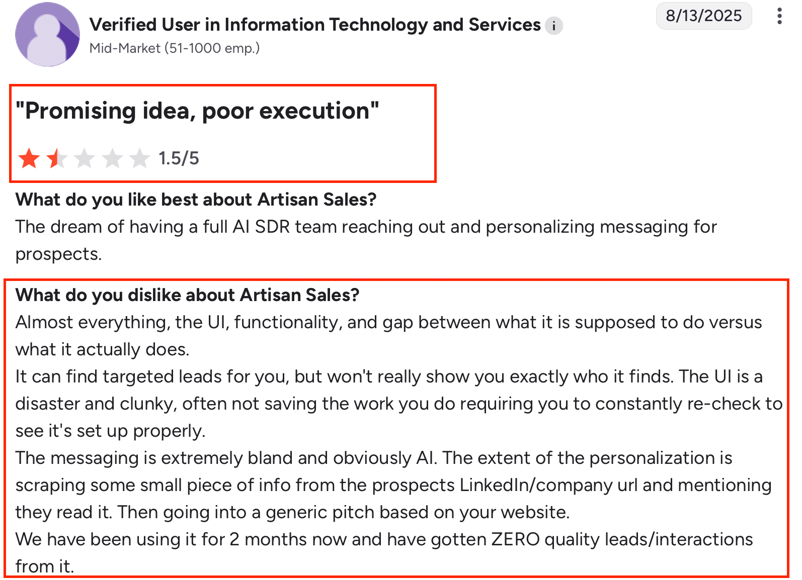 G2 review of Artisan Sales (1.5/5) citing clunky UI, weak personalization, and poor results.