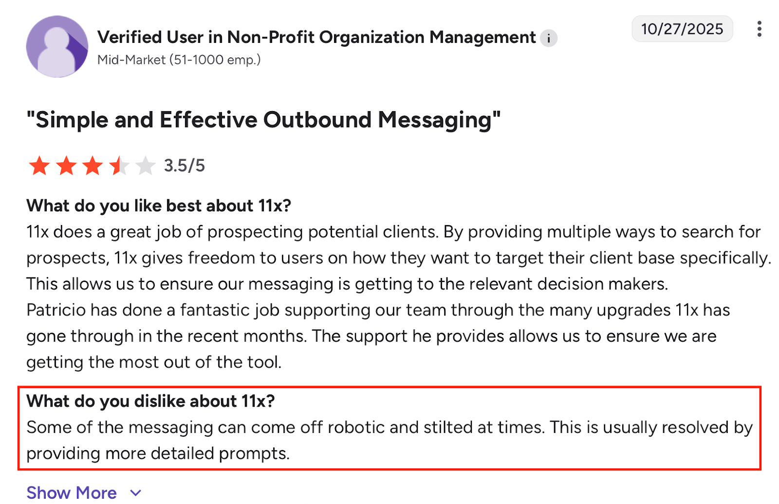 G2 review of 11x praising prospecting and support, noting robotic messaging at times.