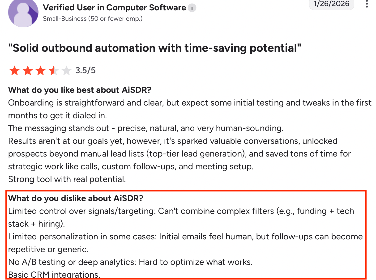 G2 review of AiSDRpraising human-like messages, noting limited filters, A/B testing, and analytics.