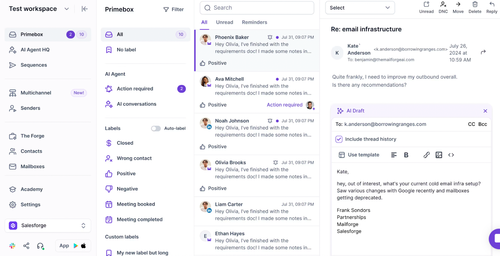 Salesforge Primebox inbox showing email threads with labels and an AI draft reply panel open