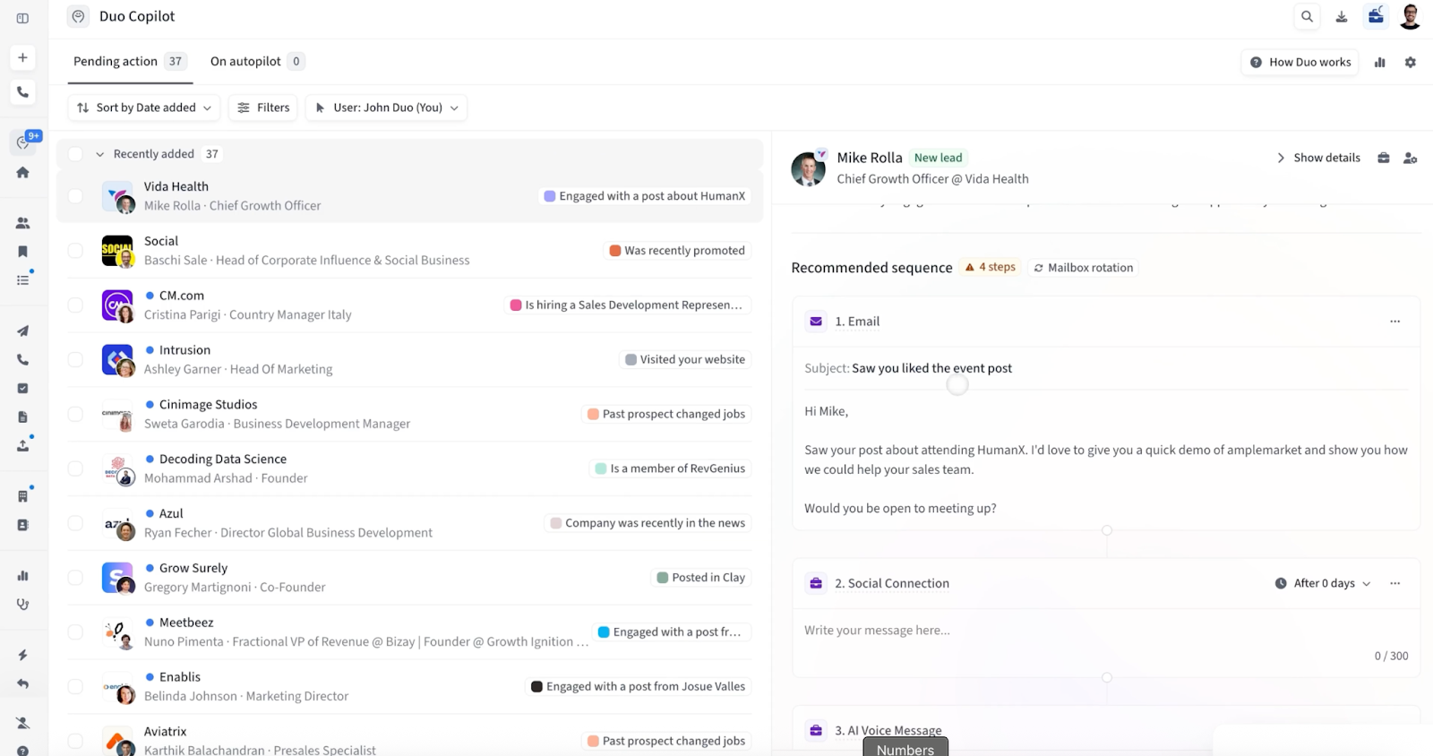 Duo Copilot dashboard showing pending leads, recommended email sequence, and personalized outreach preview for a new lead.