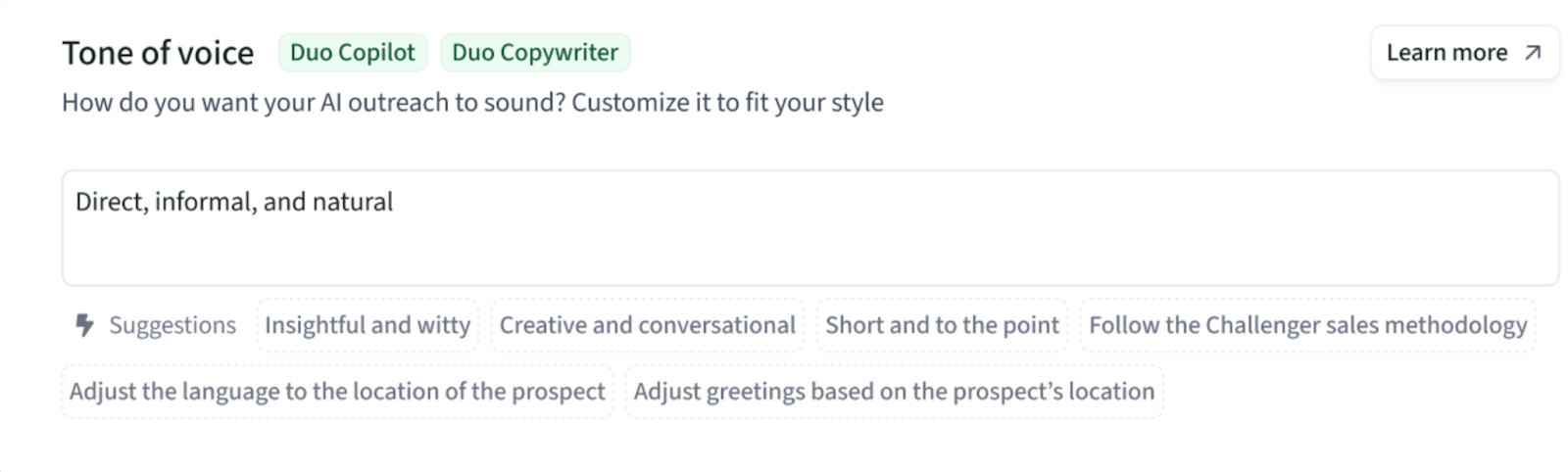 Tone of voice settings in Duo Copilot with style options and customization suggestions for AI outreach.