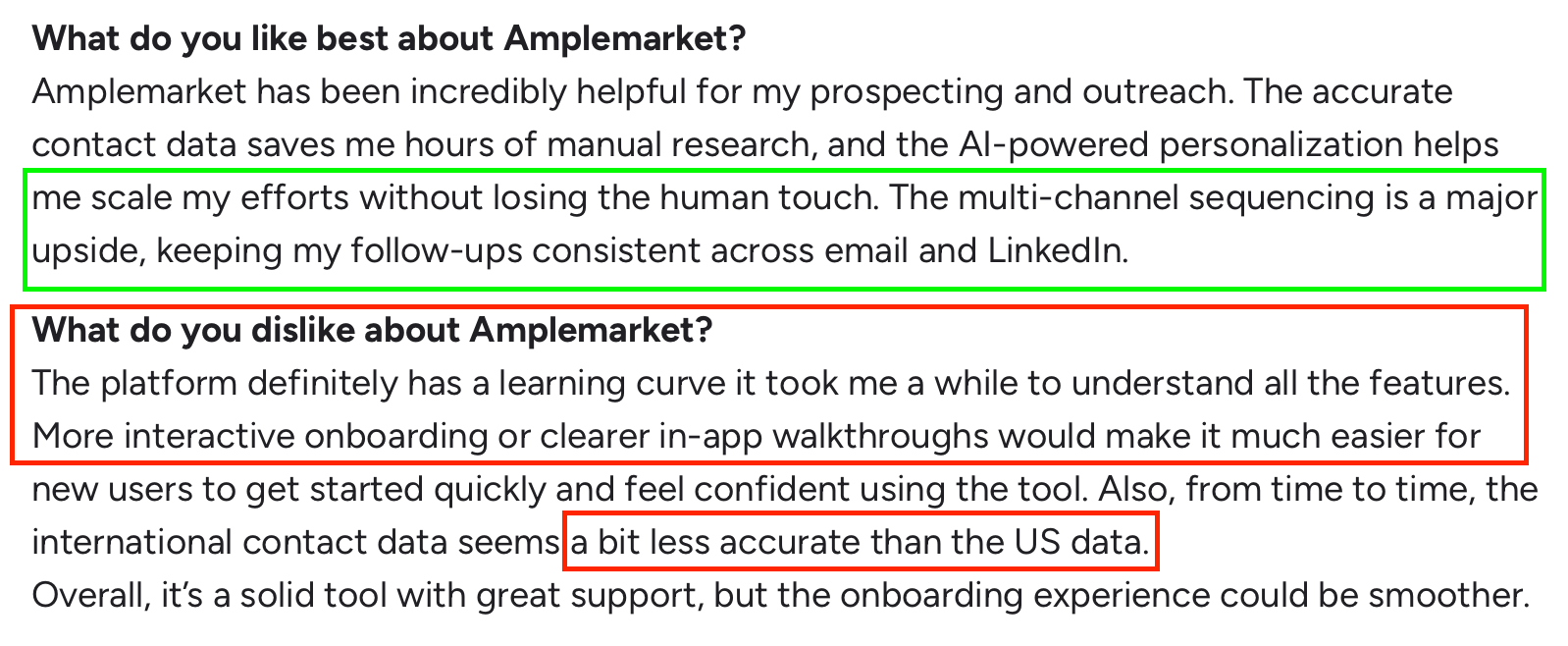 Customer review highlighting Amplemarket pros (accurate data, AI personalization, multichannel) and cons (learning curve, weaker international data).