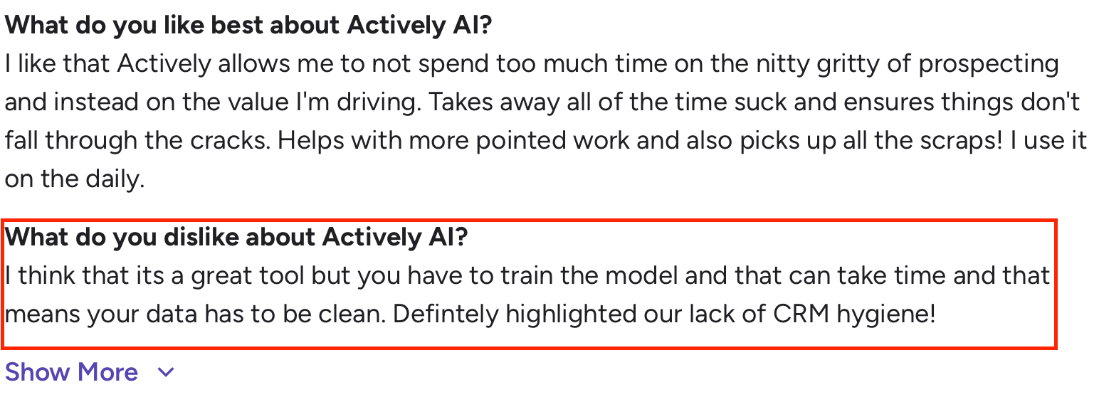 G2 User review of Actively AI praising time-saving prospecting, noting setup needs clean CRM data.
