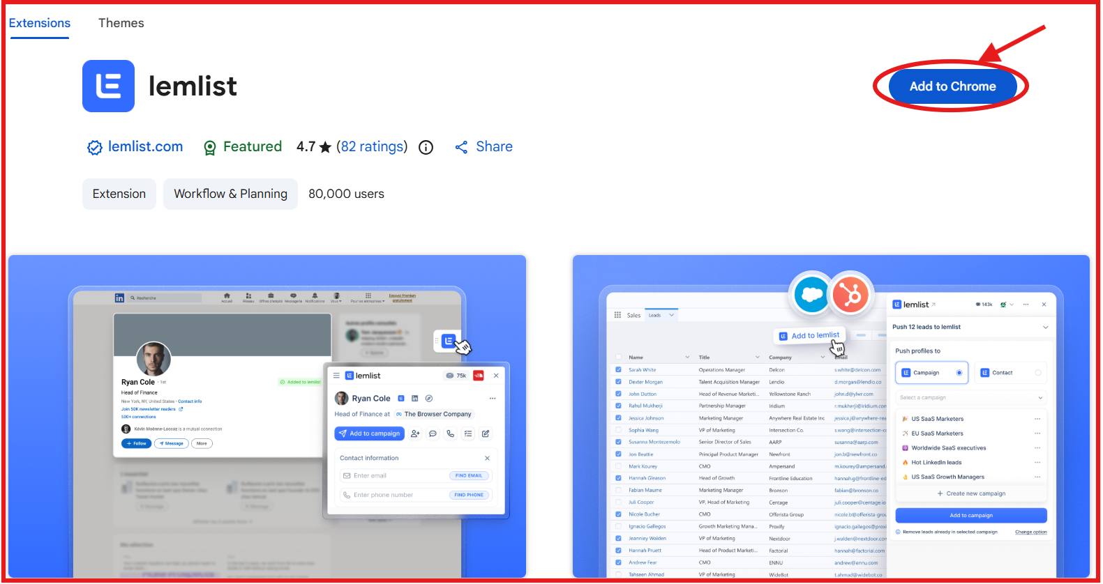 Lemlist Chrome extension for lead data extraction