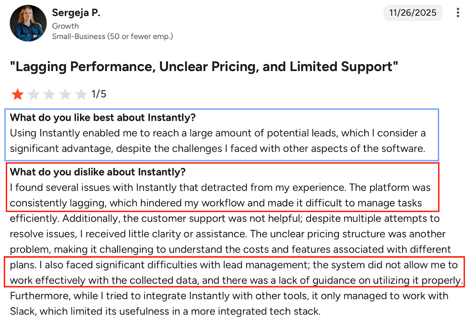 User review of Instantly.ai in G2