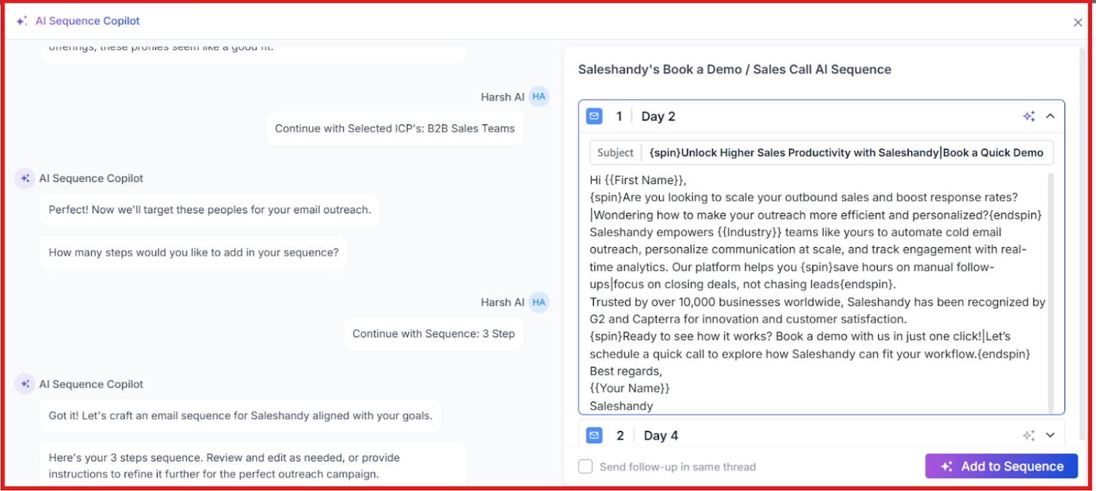 AI Sequence Copilot setup for outreach sequence on Saleshandy