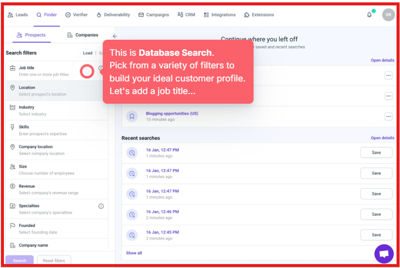 Database search filter by Snov