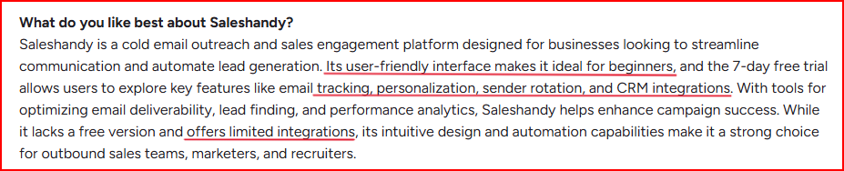 Saleshandy user review highlighting ease of use and limited integrations