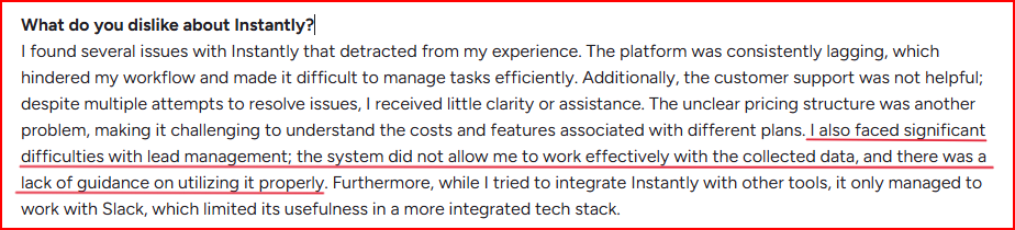 Instantly user talking about difficulty in managing lead data