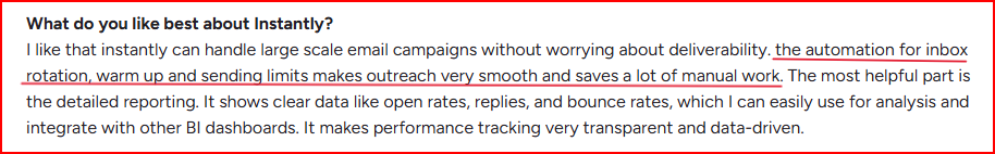 Instantly user review mentioning automated inbox management