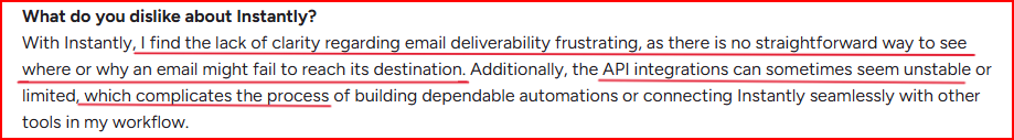 Instantly user review mentioning lack of clarity in email deliverability