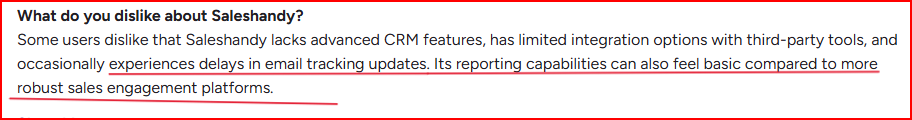 Saleshandy user review complaining abpout basic reporting and tracking delays