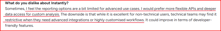 Instantly user review feedback on limited advanced reporting and API flexibility