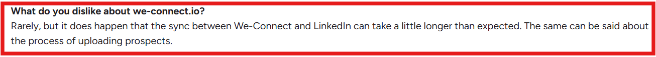 We-Connect G2 review about sync delays with LinkedIn