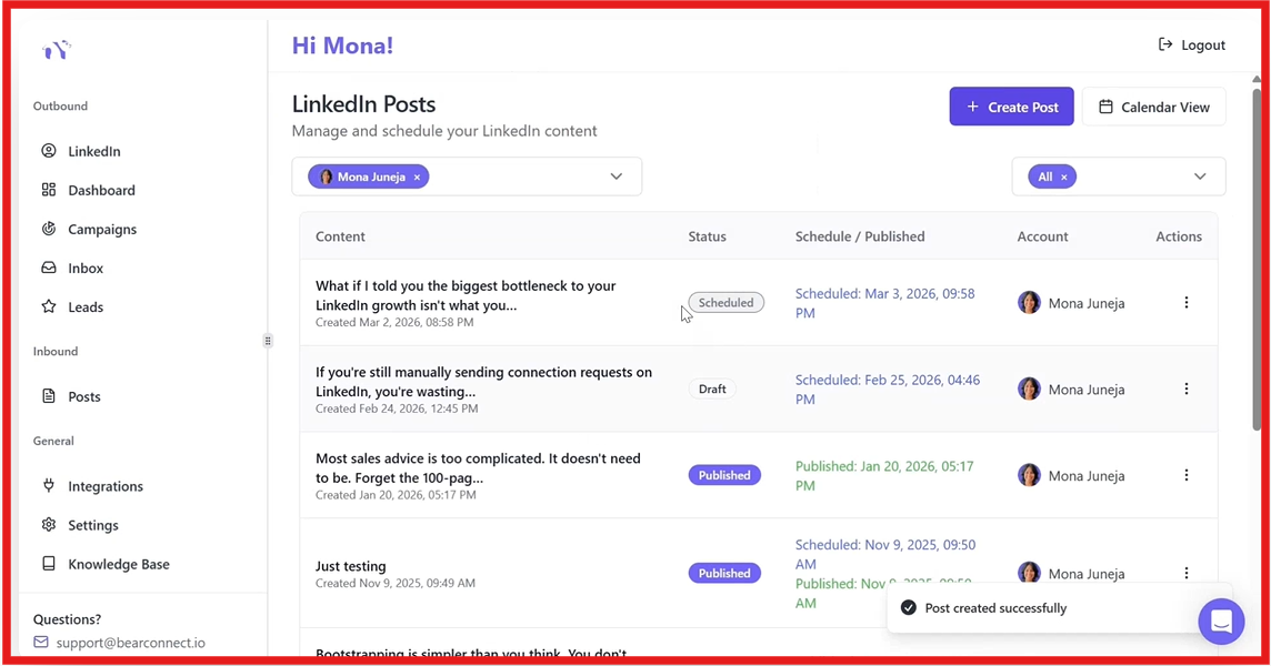 Schedule LinkedIn posts on Bearconnect