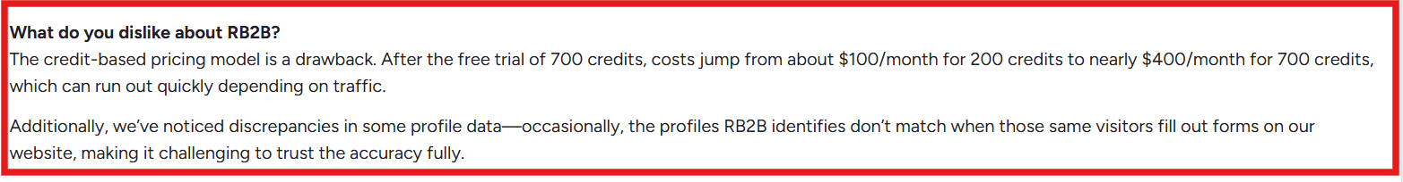 RB2B G2 review about data accuracy and pricing