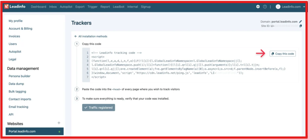Installing the tracking code on LeadInfo