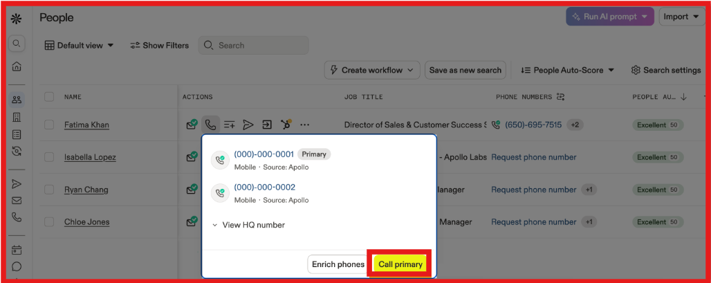 Find phone numbers on Apollo