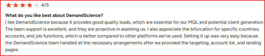 DemandScience user satisfaction with the quality of leads