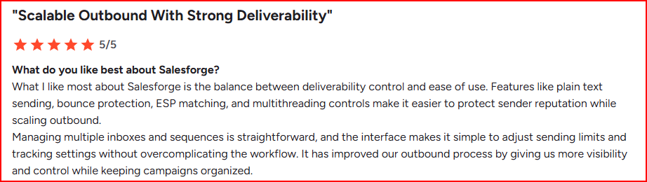 Salesforge user talking about its deliverability management