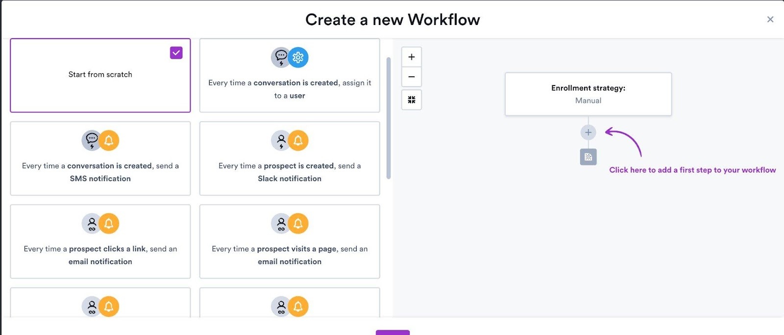 Overloop workflow creation interface with automation templates