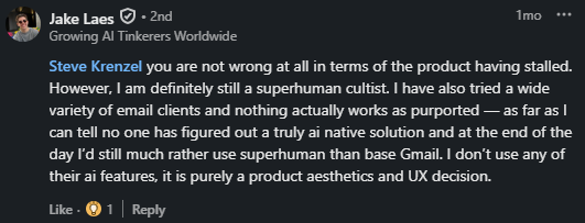 User sharing experience using Superhuman