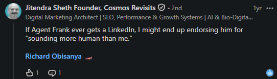 User sharing experience using Agent Frank