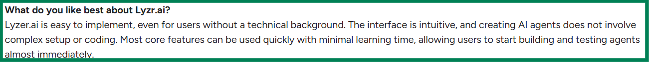 Lyzr AI G2 review about easy implementation and intuitive interface