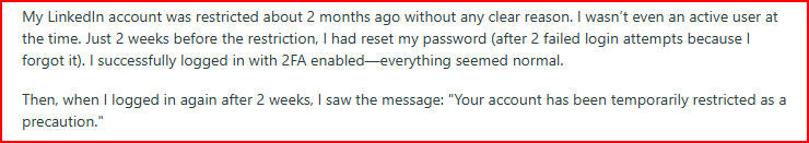 user talking about his LinkedIn account suspension on Reddit