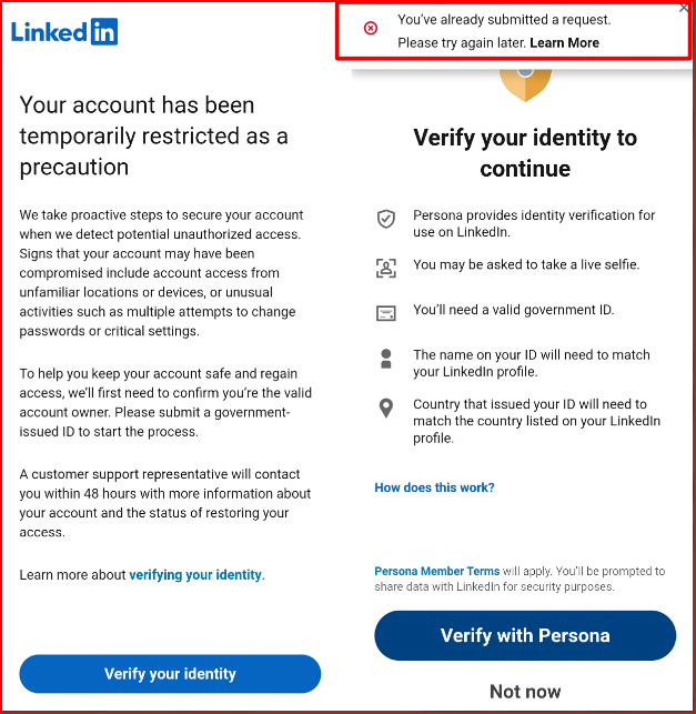 LinkedIn account Temporarily Restricted