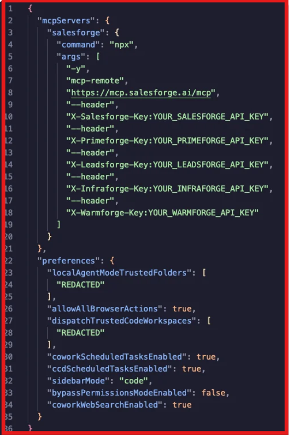 Forge MCP server config connecting Salesforge, Leadsforge, and other outbound tools via one MCP endpoint.