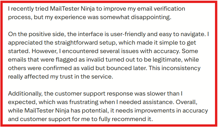 Mailtester.ninja trustpilot review about inaccuracy and customer support