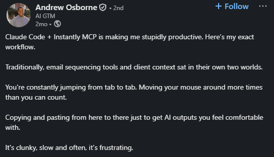 User sharing experience using Instantly MCP