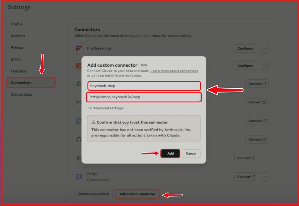 Adding HeyReach MCP connector inside Claude settings