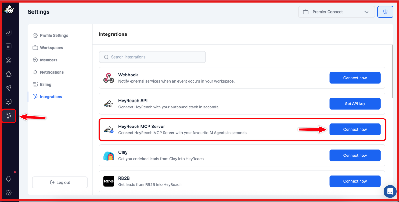 Inside HeyReach workspace go to integrations