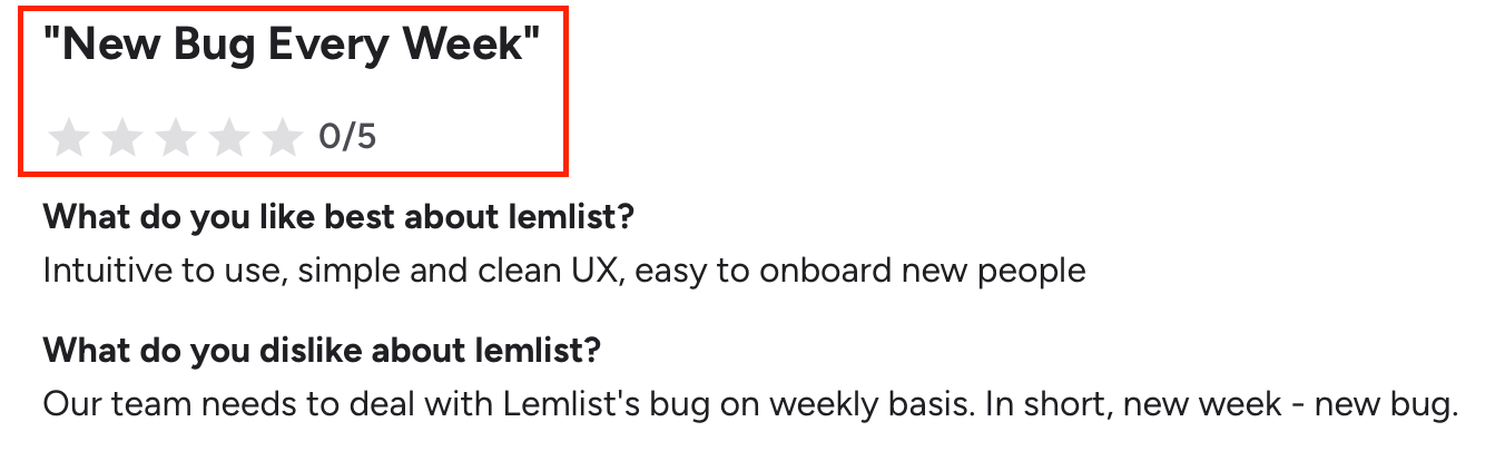A user review on G2 about Lemlist highlighting how buggy the software is