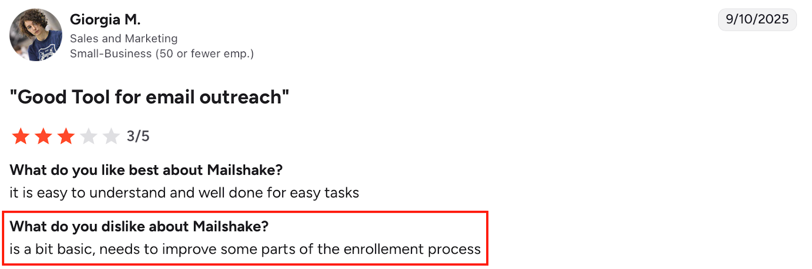 A user review on G2 highlighting that Mailshake is a good tool for email outreach but it is very basic and needs improvement