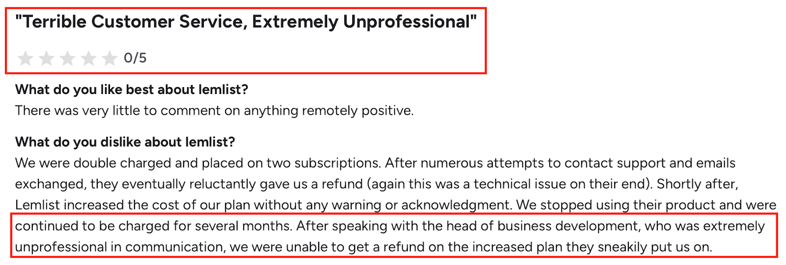A user review on G2 about Lemlist highlighting how unprofessional the support is