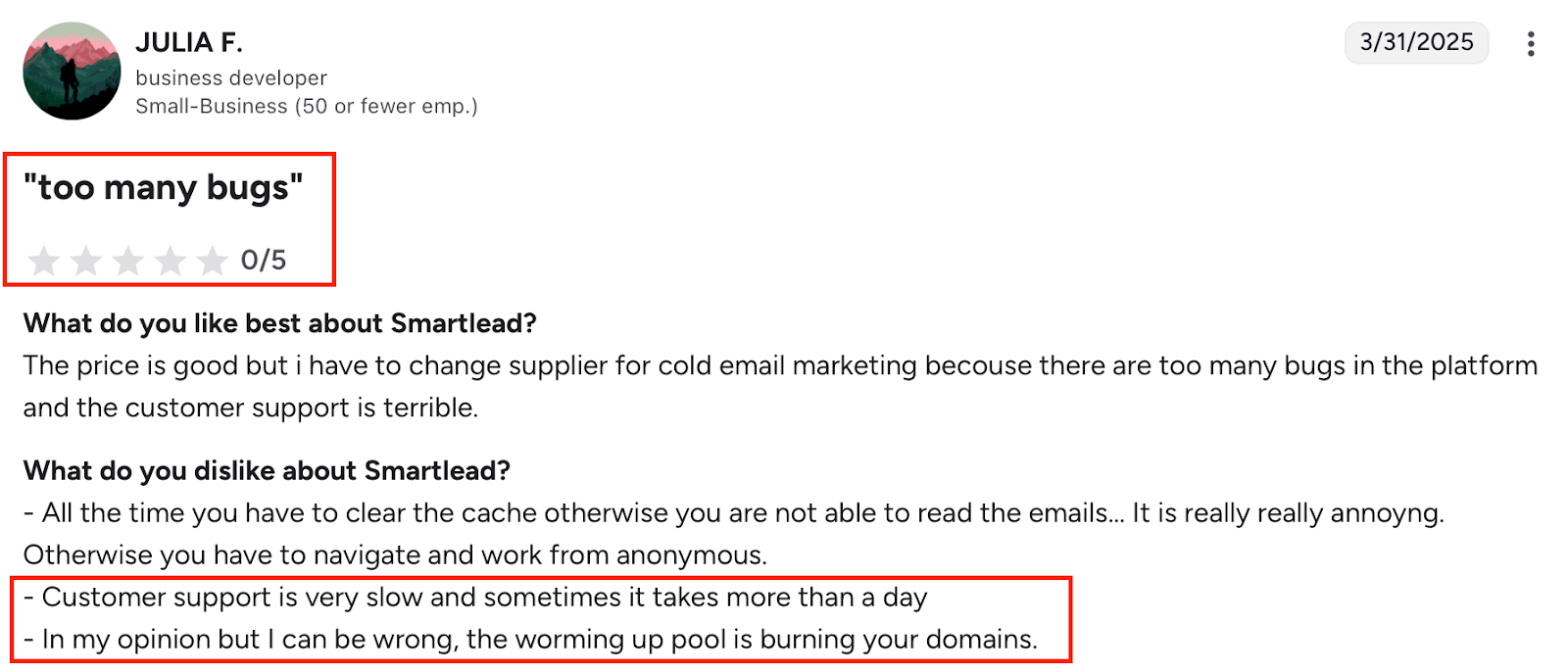 A user review on G2 about smartlead stating burning of domains with the warming up pool