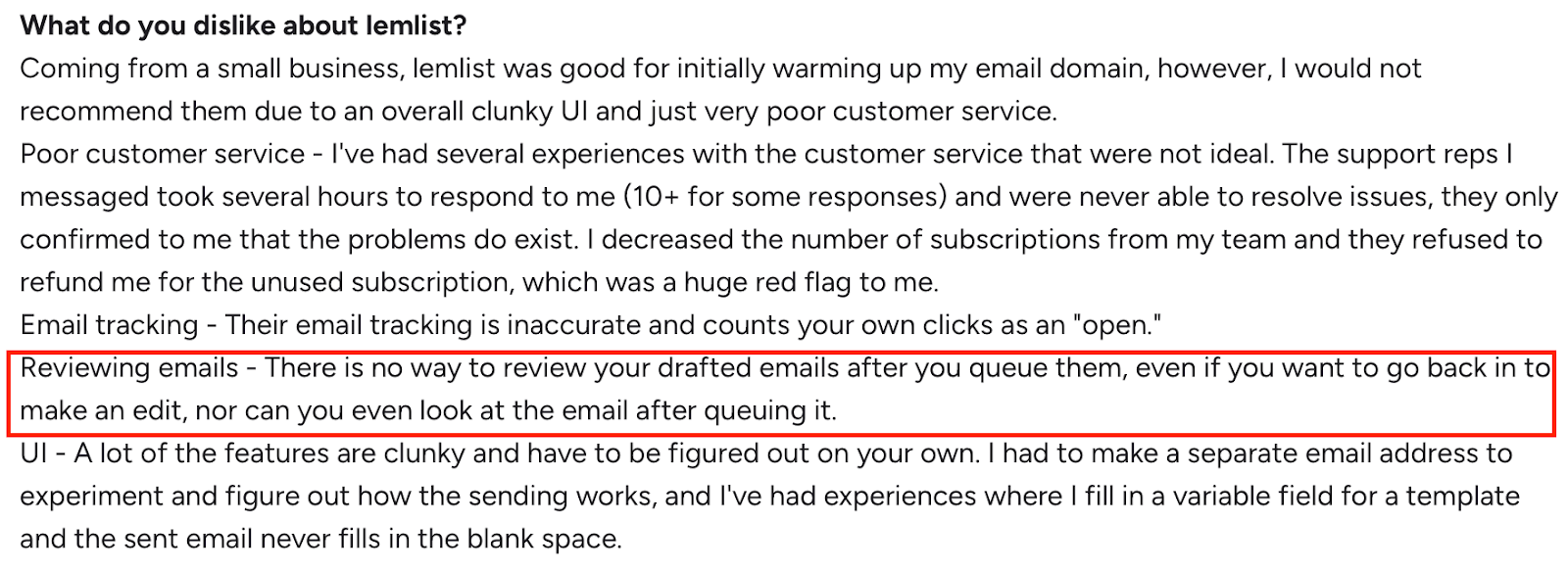 A user review on G2 about Lemlist stating that drafted emails can’t be reviewed after queuing