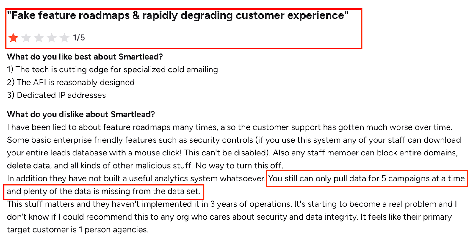 A user review on G2 about smartlead stating the rapid degrading of customer service and its missing features